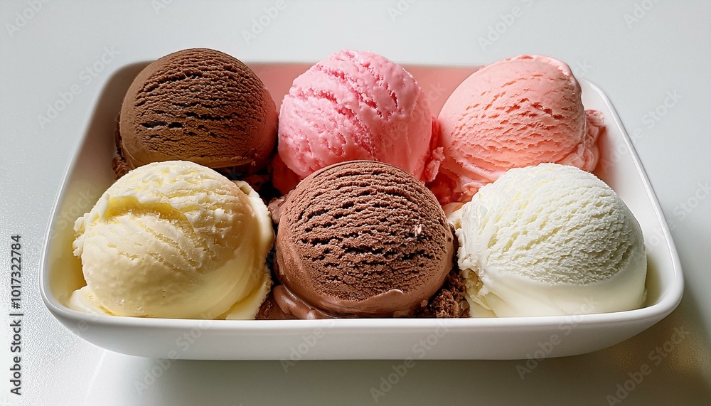Top view of ice cream scoops of various flavors in a white bowl isolated on background, sweet dessert of chocolate, strawberry and vanilla.