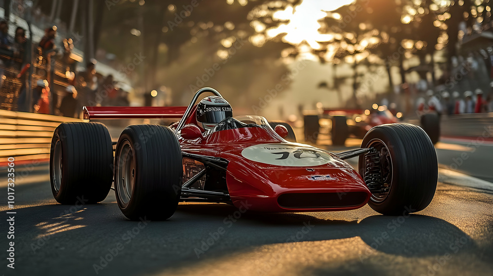 Classic racing car on a track during a golden hour event. Classic racing car on a track during a golden hour event.