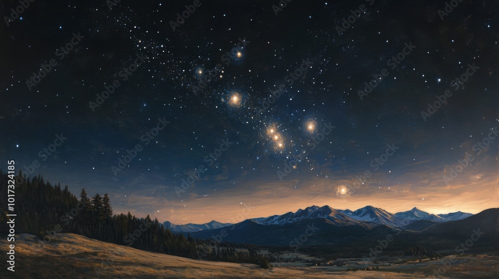 A breathtaking view of the night sky with a bright constellation above a mountainous landscape. A breathtaking view of the night sky with a bright constellation above a mountainous landscape.