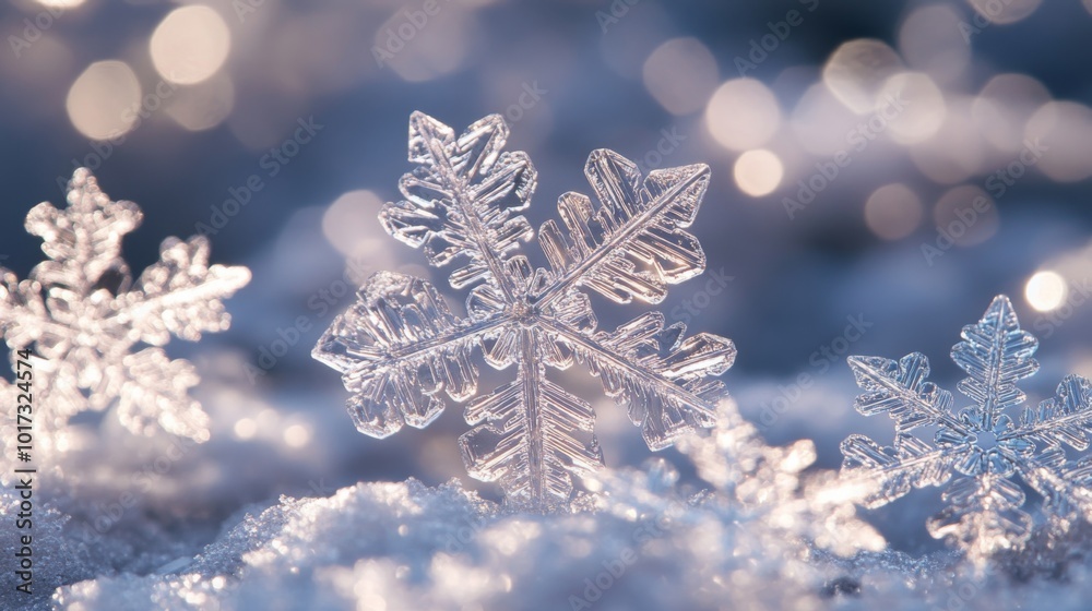 A close-up of a delicate snowflake with intricate details, resting on a bed of fresh snow, with bokeh lights in the background. A close-up of a delicate snowflake with intricate details, resting on a bed of fresh snow, with bokeh lights in the background.