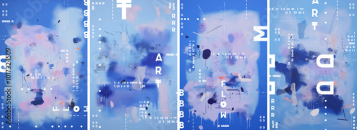 An abstract art piece featuring four posters, each displaying an array of pastel colored shapes and lines in shades of blue, pink, purple, and white.