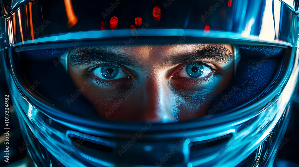Close-up of a race car driver in a helmet, focused and intense. Close-up of a race car driver in a helmet, focused and intense.