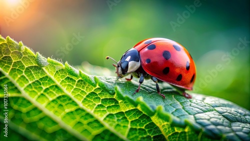 A vibrant red ladybug, with black spots, crawls across a textured green leaf, bathed in the soft glow of the setting sun.