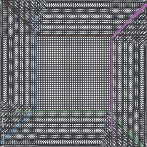 Imitation of metal mesh or part of a fence with colored stripes.
