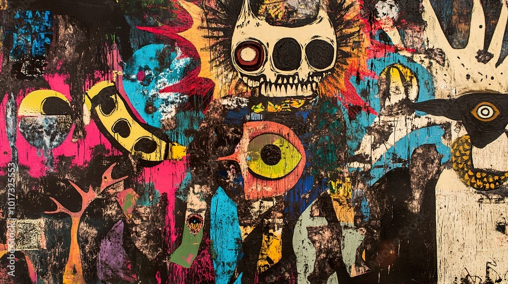 Fototapeta premium Surreal Abstract Collage with Eyes, Skull, and Hand