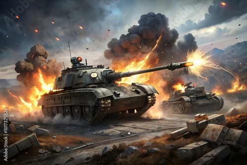 armored tank shooting on a battlefield in a war