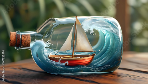 Detailed view of a ship in a bottle with realistic waves photo