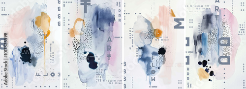 A series of abstract watercolor designs for posters or covers with pastel colors and black accents. Each design is filled with delicate brushstrokes and splashes of colors.