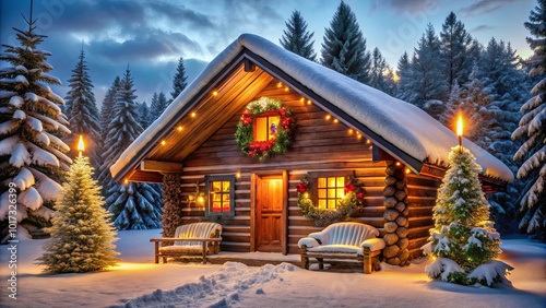 A Rustic Cabin Adorned With Festive Lights And Snowy Evergreens, Basking In The Glow Of Winter Twilight