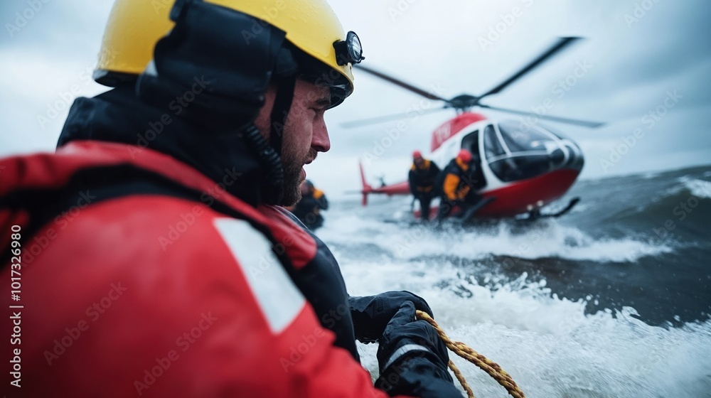 Rescue worker during helicopter rescue operation in stormy sea environment. Rescue worker during helicopter rescue operation in stormy sea environment.