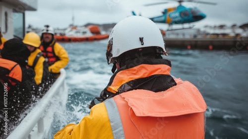 Rescue team member in waterproof gear navigating choppy waters. photo