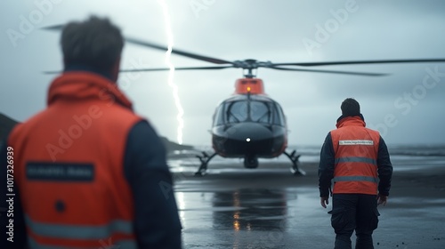 Rescue team near helicopter, stormy weather, safety gear, dramatic lightning in background. photo