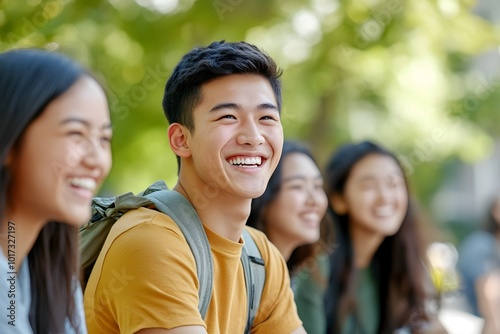 Multicultural Students Laughing and Talking on Sunny Campus Quad