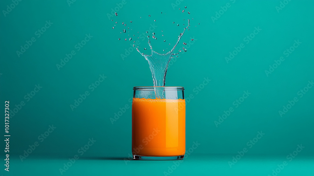 A glass of orange juice with a splash of liquid on a teal background. A glass of orange juice with a splash of liquid on a teal background.
