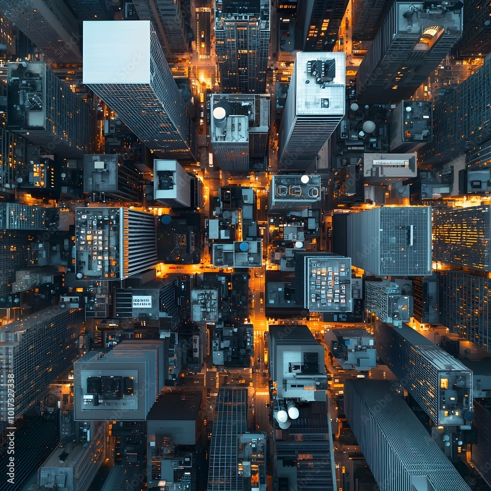 Illuminated Futuristic Skyline of a Smart City with Skyscrapers in Aerial View Illuminated Futuristic Skyline of a Smart City with Skyscrapers in Aerial View