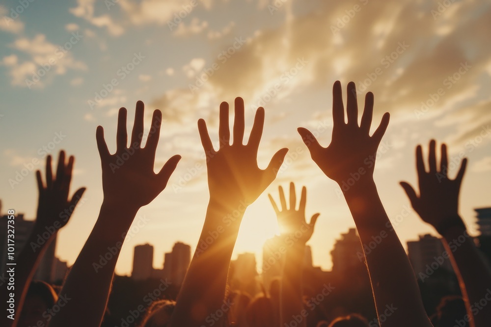 Diverse Hands Reaching Towards the Sky at Sunset Diverse Hands Reaching Towards the Sky at Sunset