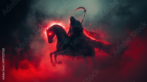 Grim reaper with scythe riding a horse. Fire, smoke. Halloween theme poster.