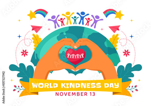 Happy World Kindness Day Vector Illustration on November 13, featuring the Earth and Love to Promote Charitable Assistance in a Flat Style Background