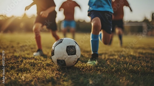 Side view of a group of cheerful children playing soccer together in a local park representing the concepts of fun teamwork and an active playful lifestyle