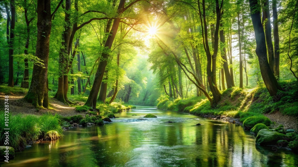Sunbeams pierce through the lush canopy, illuminating a serene river winding its way through a verdant forest, casting ethereal reflections on the tranquil water. Sunbeams pierce through the lush canopy, illuminating a serene river winding its way through a verdant forest, casting ethereal reflections on the tranquil water.
