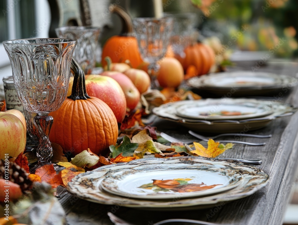 Autumn Harvest Table with Pumpkins Apples and Leaves Autumn Harvest Table with Pumpkins Apples and Leaves