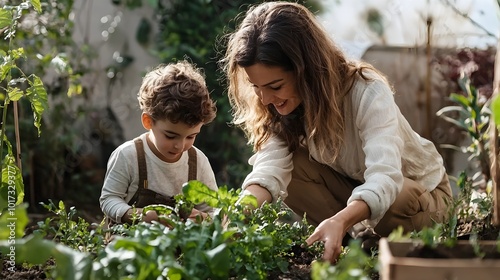 Wallpaper Mural A heartwarming scene of a mother and her young son working together in their backyard garden symbolizing the connection learning Torontodigital.ca