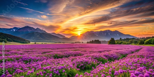 A vibrant field of purple wildflowers basking in the golden glow of a setting sun, surrounded by rolling green hills and majestic mountains.