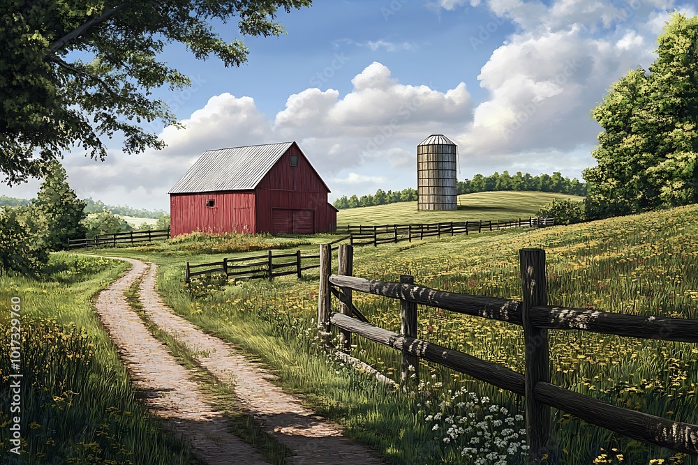 Scenic rural landscape featuring a red barn and silo. Scenic rural landscape featuring a red barn and silo.