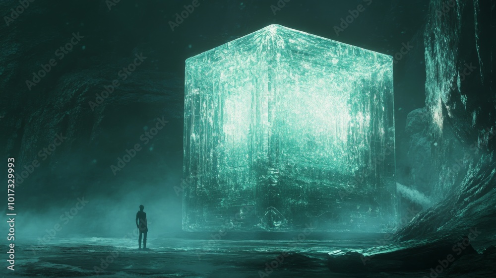 A lone figure stands before a glowing cube in a mysterious cavern. A lone figure stands before a glowing cube in a mysterious cavern.