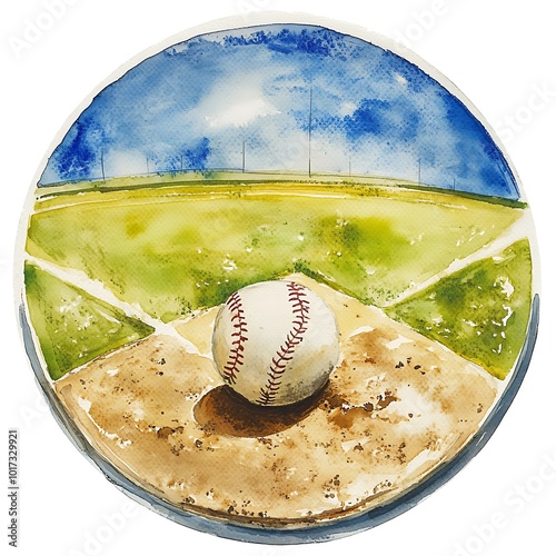 Watercolor Painting of a Baseball on a Field.