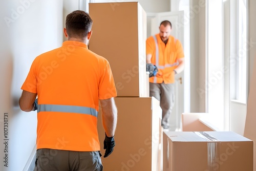 Action shot of professional movers carefully maneuvering a heavy piano up a narrow staircase during a commercial moving service. The image showcases the teamwork,efficiency.