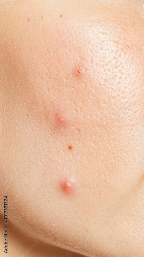 A closeup of problematic skin with visible acne and redness before treatment, set against a neutral background, ideal for skincare tutorials and product applications. A closeup of problematic skin with visible acne and redness before treatment, set against a neutral background, ideal for skincare tutorials and product applications.