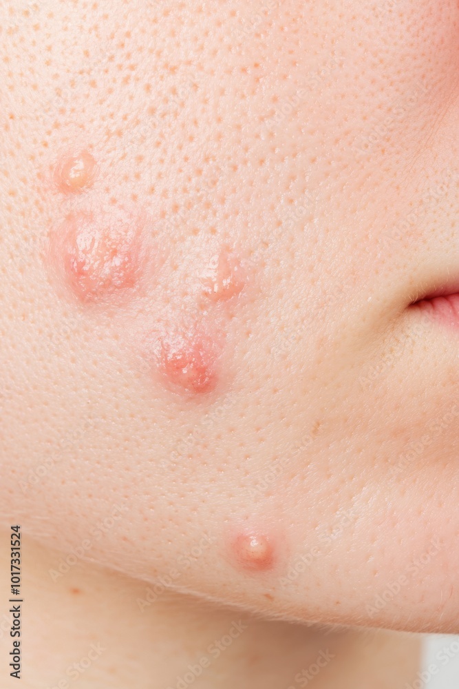 A closeup of problematic skin with visible acne and redness before treatment, set against a neutral background for skincare tutorials and product use. A closeup of problematic skin with visible acne and redness before treatment, set against a neutral background for skincare tutorials and product use.