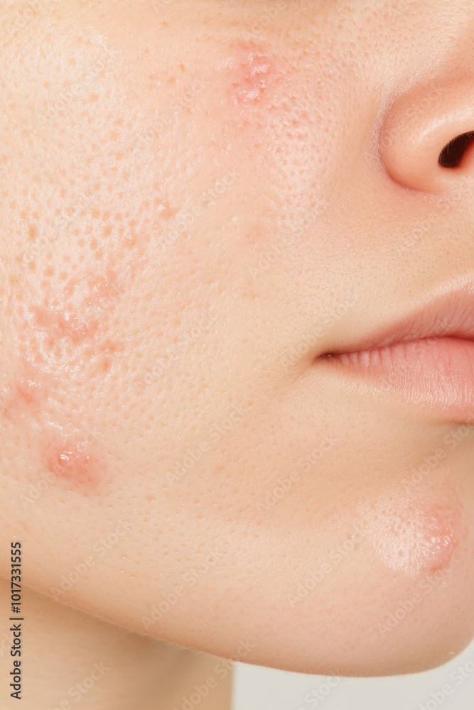 Closeup of problematic skin with visible acne and redness before treatment against a neutral background, ideal for skincare tutorials and product use. Closeup of problematic skin with visible acne and redness before treatment against a neutral background, ideal for skincare tutorials and product use.