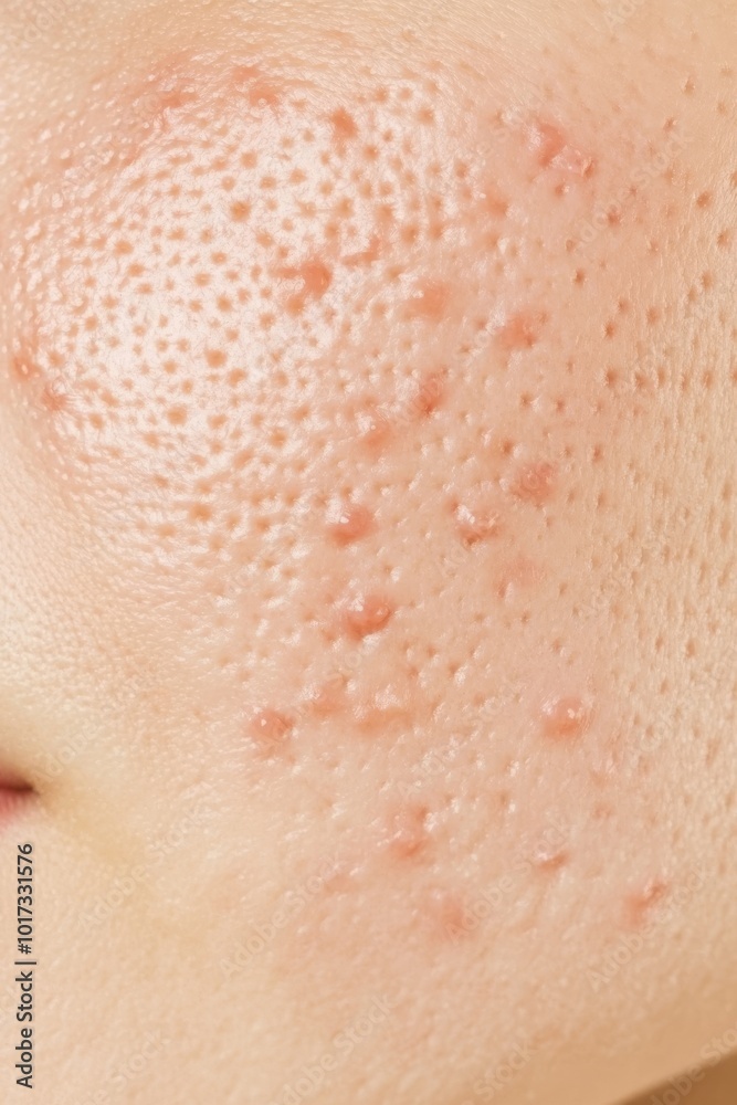 Fototapeta premium A closeup of problematic skin with visible acne and redness before treatment, set against a neutral background, ideal for skincare tutorials and product use.