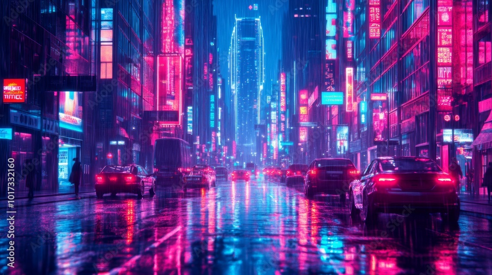 Obraz premium A neon-lit city street at night with cars driving down the road.