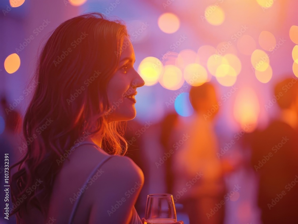 Woman enjoying an evening event with bokeh lights in the background. Woman enjoying an evening event with bokeh lights in the background.