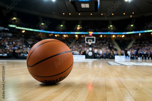 Closeup of basketball on floor of arena basketball court. ｜アリーナのバスケットボールコートの床に置かれたバスケットボールのクローズアップ。