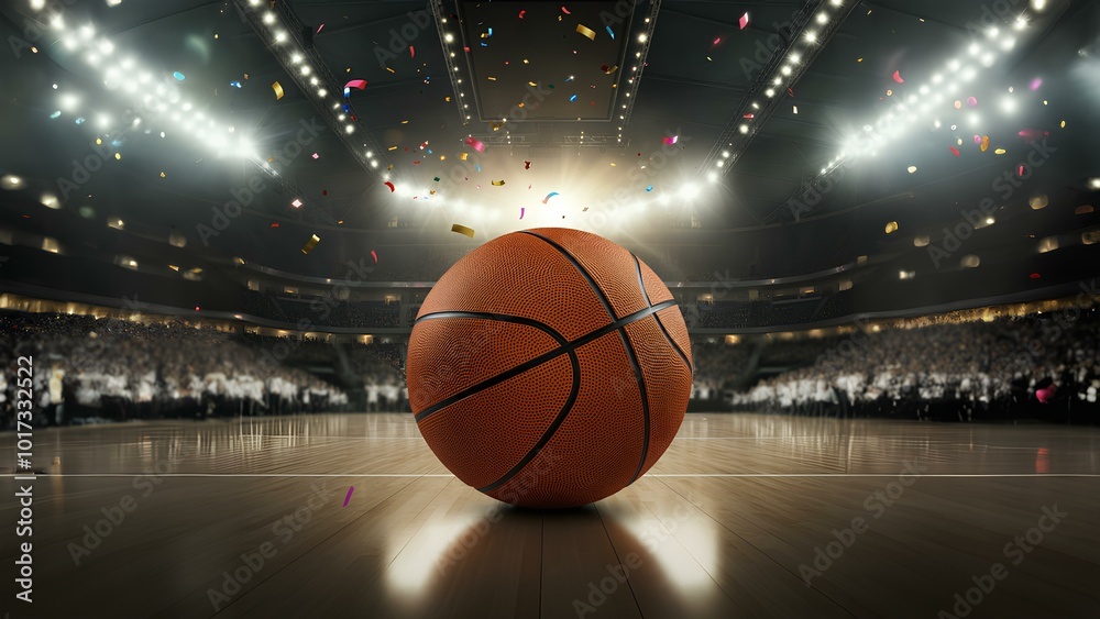 Closeup of basketball on floor of arena basketball court The arena #39 s