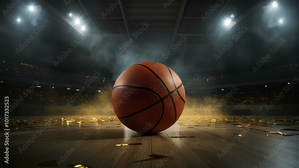 Closeup of basketball on floor of arena basketball court The arena #39 s