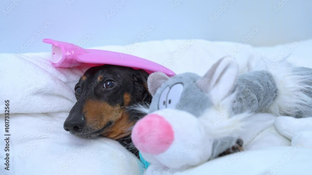 A dachshund nestled in blankets with a pink hot water bottle on its head and a plush toy by its side, projecting warmth and comfort. A dachshund nestled in blankets with a pink hot water bottle on its head and a plush toy by its side, projecting warmth and comfort.