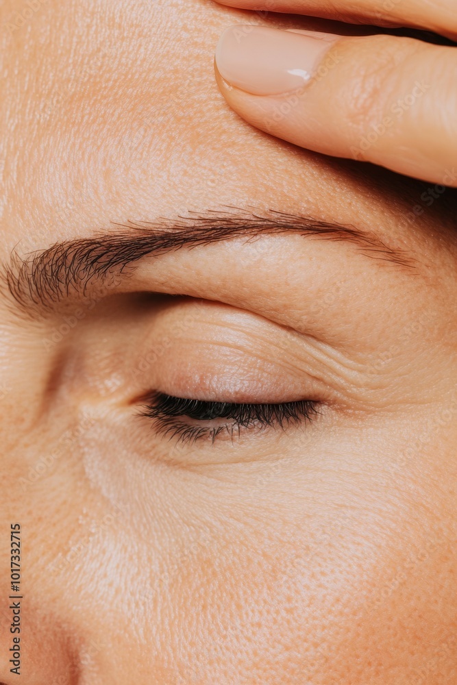 Obraz premium A high-resolution image of a woman applying anti-aging cream to her forehead to reduce wrinkles, with a neutral background and soft texture emphasizing her face and skincare.