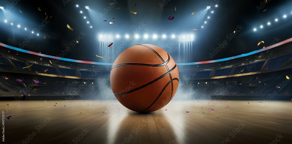 Closeup of basketball on floor of arena basketball court. The arena's vast basketball court is filled with bright lights and pouring confetti.|アリーナのバスケットボールコートの床に置かれたバスケットボールのクローズアップ。照明と紙吹雪 Closeup of basketball on floor of arena basketball court. The arena's vast basketball court is filled with bright lights and pouring confetti.|アリーナのバスケットボールコートの床に置かれたバスケットボールのクローズアップ。照明と紙吹雪