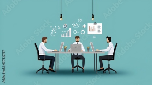 A flat design depicting a creative brainstorming session with a business team in a modern conference room as they collaborate on ideas strategies and plans for their company s growth and success