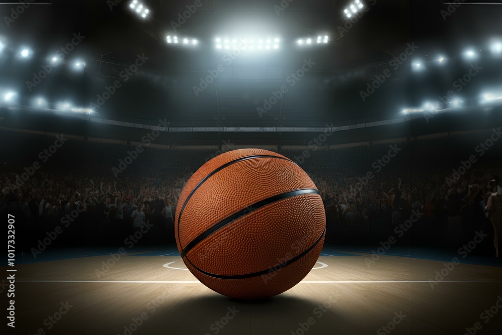 Closeup of basketball on floor of arena basketball court The arena #39 s