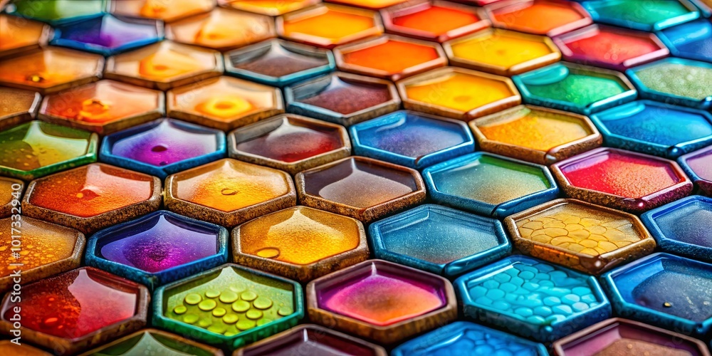 A symphony of vibrant hues in a hexagonal mosaic, each facet reflecting a spectrum of colors, creating a mesmerizing optical illusion. A symphony of vibrant hues in a hexagonal mosaic, each facet reflecting a spectrum of colors, creating a mesmerizing optical illusion.
