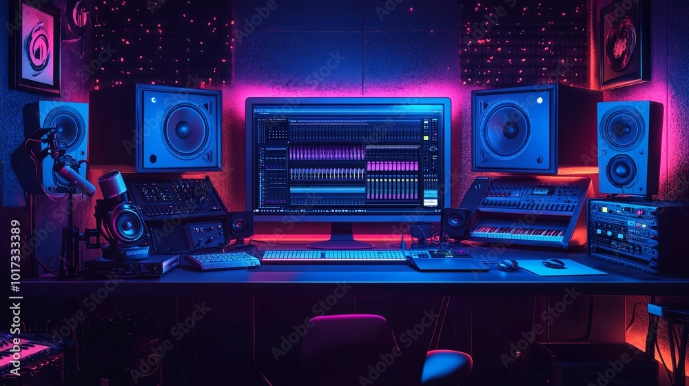 Neon-lit music studio with a computer, speakers, and a microphone Neon-lit music studio with a computer, speakers, and a microphone
