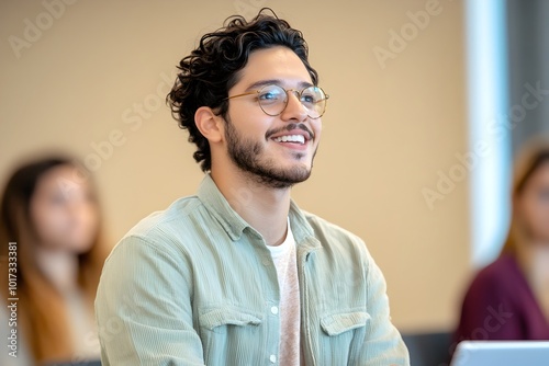 Confident Smiling Male Student Presenting Research at Conference Room