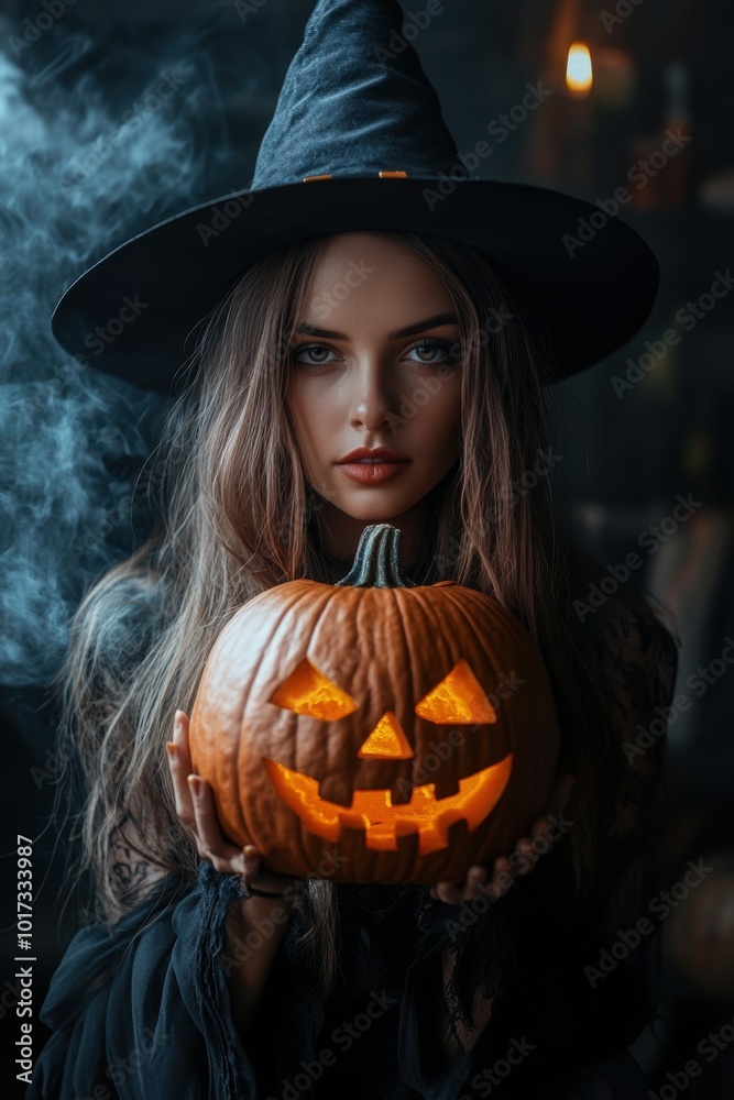 portrait of a witch in costume with pumpkins.