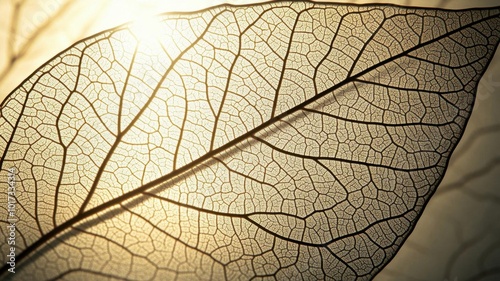 Telescopic view of a leaf under sunlight, zoomed in to reveal the intricate network of veins and delicate texture of the leaf surface